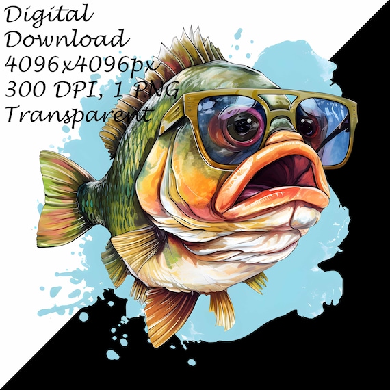 Watercolor Cool Bass Fish With Sunglasses Clip Art Printable T Shirt, Mug  Sublimation Transparent PNG Clipart-commercial, Digital Download 