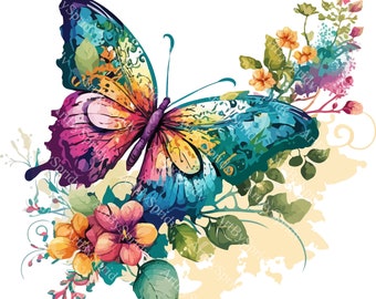 Cute Floral Butterfly PNG Clipart, Transparent Watercolor Kids/Adult Design,Printable Sublimation,Commercial Use,Baby Shower Magical PNG Art
