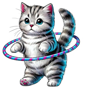 Gatito atigrado gris con imágenes prediseñadas PNG de Hula Hoop, descarga digital de gato lindo, perfecto para sublimación de camisetas, pegatinas, scrapbooking, artesanía de bricolaje