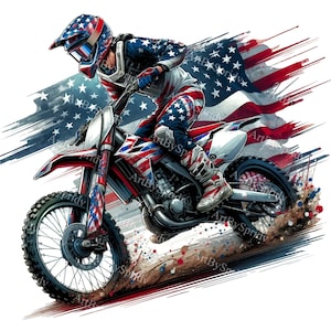 Motocross Dirt Bike Digital Clipart - Reiter mit der amerikanischen Flagge PNG, Sublimationsdesign zum Drucken, sofortiger Download für DIY Basteln
