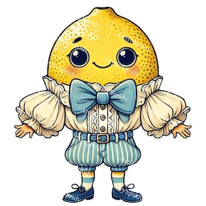 Cartoon Lemon PNG Clipart, Fruit with Big Bow Tie,Cute Citrus Illustration for Kids,Nursery,Kawaii Clip Art,Summer Decor,T-Shirt Sublimation