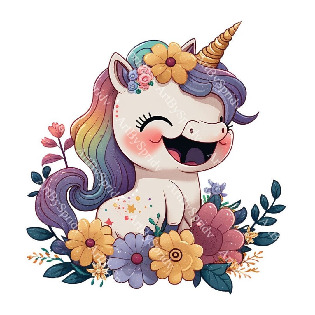 Cute Unicorn Floral PNG, Transparent Animal Clipart, Kids Cartoon Design,printable Sublimation ...