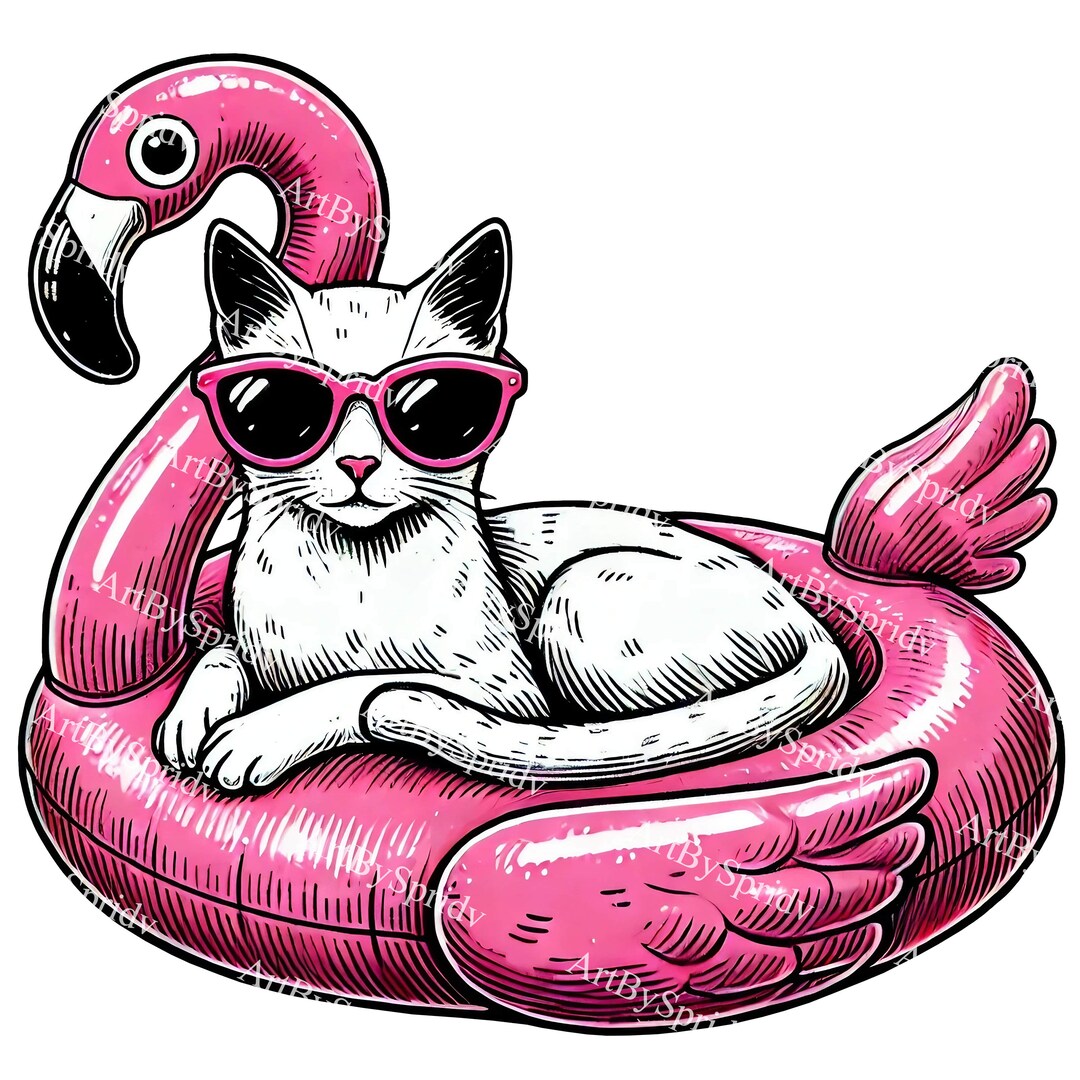 Trendy Cat in Sunglasses on Pink Flamingo Float - Fun Summer Clipart ...