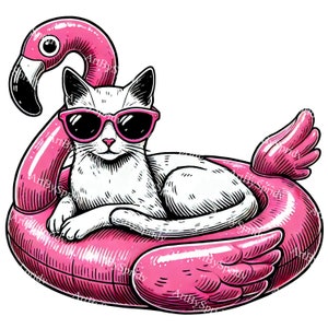 May include: A white cat wearing pink sunglasses is relaxing in a pink flamingo pool float. The cat is lying on its side with its paws resting on the float. The flamingo float has a pink beak and wings.