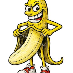 May include: A cartoon illustration of a yellow banana with a mischievous expression. The banana is peeled open, revealing the fruit inside, and is wearing white sneakers with red accents. The banana has a large grin and is standing upright.