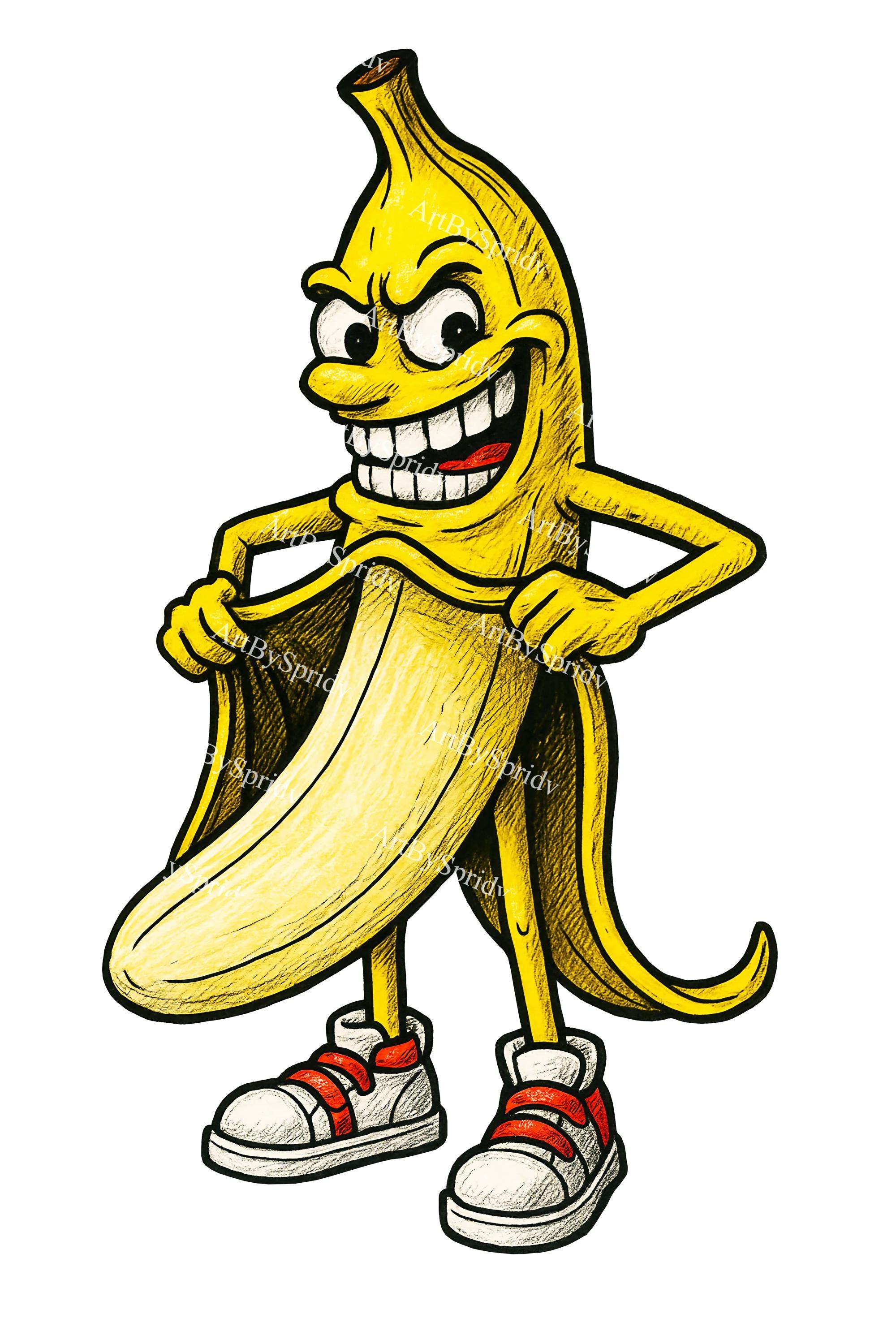 Funny Cartoon Banana Character PNG - Mischievous Peeled Banana