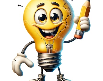 Engaging Light Bulb Character with Pencil PNG Clipart for Printable Sublimation & DIY Craft Project | Digital Download | Creative Graphic