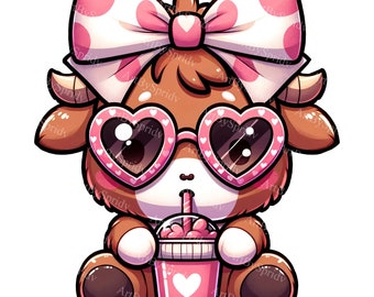 May include: A cartoon illustration of a brown and white goat wearing pink heart-shaped sunglasses and a pink and white polka dot bow. The goat is holding a pink and white cup with a pink straw and a pink heart on the front. The goat is sitting on its hind legs with its front legs resting on the cup.