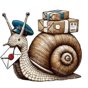 Snail Mail Carrier transparante PNG-clipart, handgetekende postbode slak met hoed en pakket, schattige cartoon dieren illustraties voor DIY Craft, scrapbooking