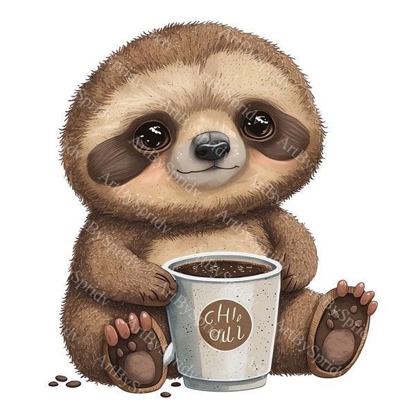 Sloth With Cup Hot Cocoa Or Coffee PNG Clipart,Transparent Animal Lover Print Kids Clip Art Design,DIY Printable Sublimation T-Shirt, Mug