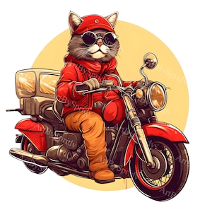Gato aventurero con equipo de aviador conduciendo una motocicleta vintage roja PNG Clipart, Clip Art digital único para camisetas, tazas, sublimación, manualidades DIY