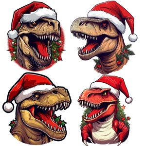 4er Pack T-Rex Weihnachten Dinosaurier mit Weihnachtsmütze Transparent PNG Clipart-Printable T-Shirt, Becher Sublimation Clip Art-Kommerzielle Nutzung, Weihnachtsdekor