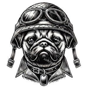 Vintage Biker Pug PNG, Cool Motorcycle Dog Illustration, Retro Aviator Helmet Pug Art, Black & White Tattoo-Style Clipart,Transparent Design