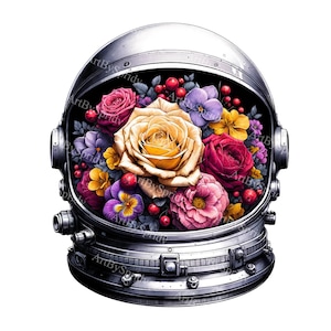 Ramo floral con casco de astronauta vintage, clip art digital, clip art botánico espacial, sublimación imprimible para proyectos creativos de manualidades de bricolaje