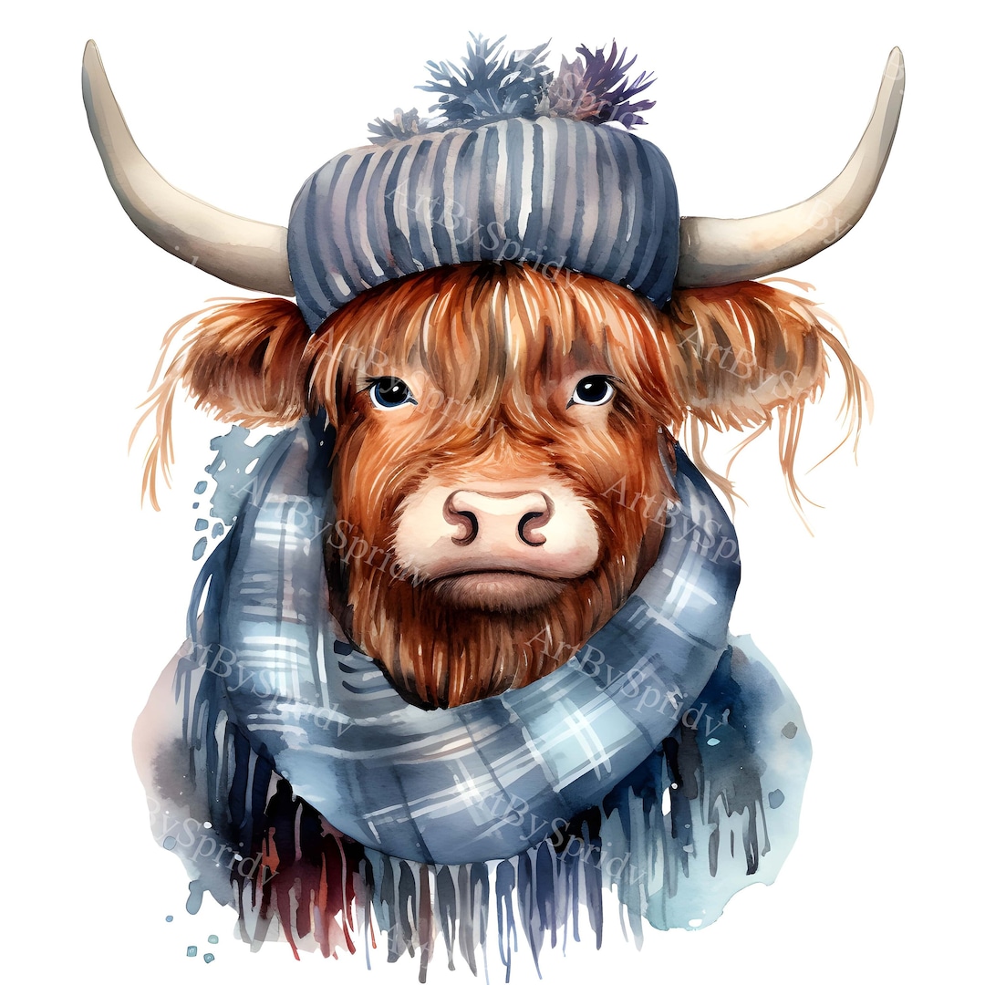 Watercolor Highland Cow With Scarf & Hat Clip Art - Printable T Shirt ...