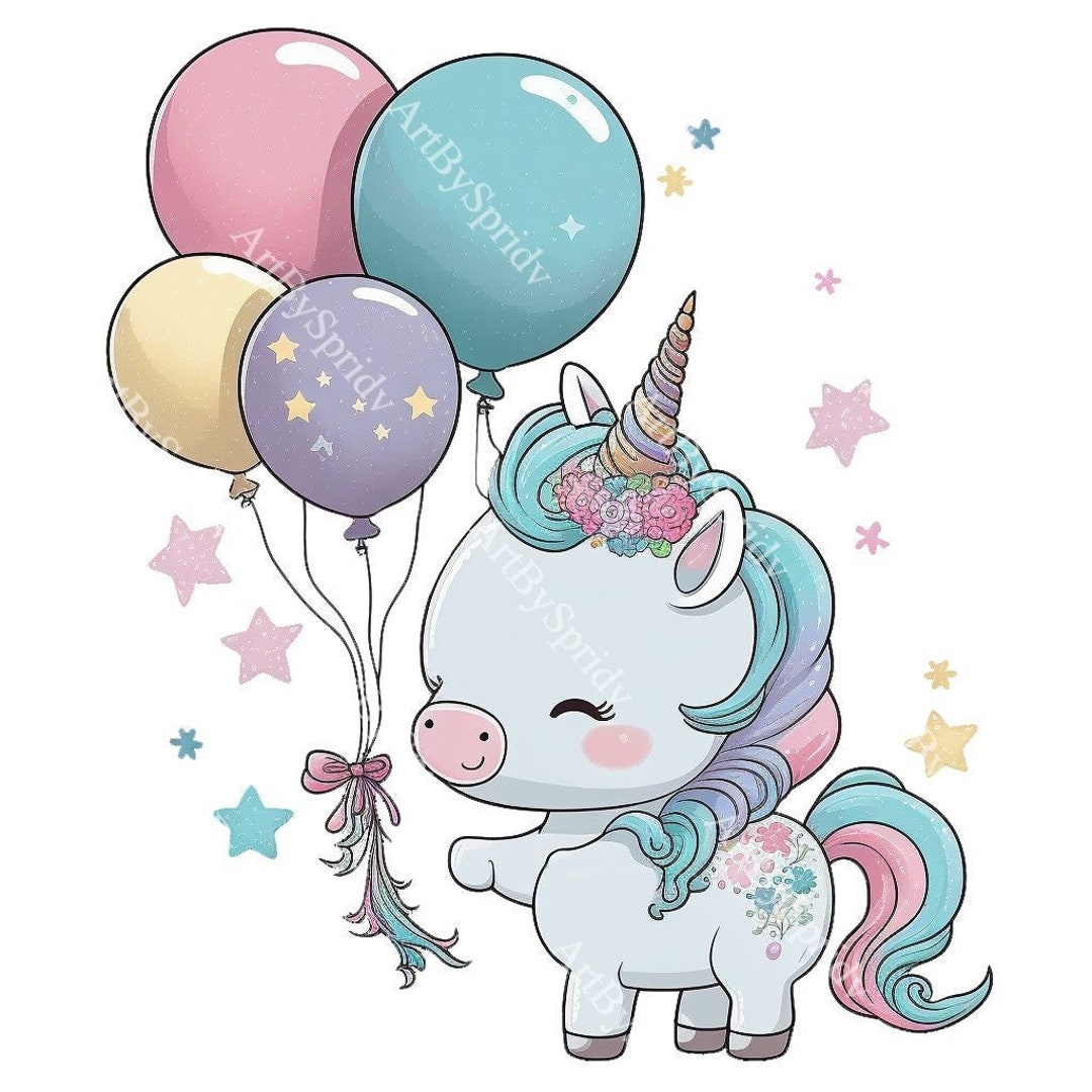 Cute Rainbow Unicorn With Balloon PNG, Transparent Animal Clipart, Kids