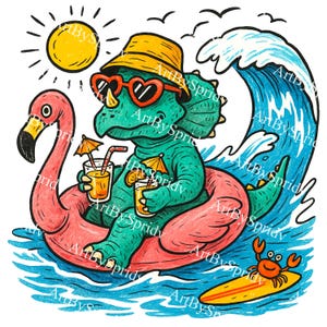 May include: A colourful illustration of a green dinosaur in heart-shaped sunglasses and a yellow hat, relaxing on a pink flamingo float in blue water. The dinosaur holds two drinks with umbrellas. A yellow sun, a wave, a crab on a surfboard, and birds are also depicted.