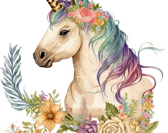 Boho Rainbow Baby Unicorn Clipart - Floral Unicorn PNG for DTG Tee, Mug Sublimation, Crafts, Invitations, Stickers, Digital Art, Party Gift