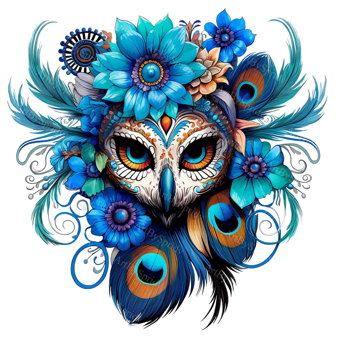 Sugar Skull With Vibrant Peacock Feathers - Transparent PNG Clipart ...
