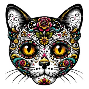 カラフルなシュガースカルのクリップアート - 死者の日の猫のイラスト PNG、ディア・デ・ムエルトスの印刷可能な昇華デザイン、鮮やかなメキシコの民芸品