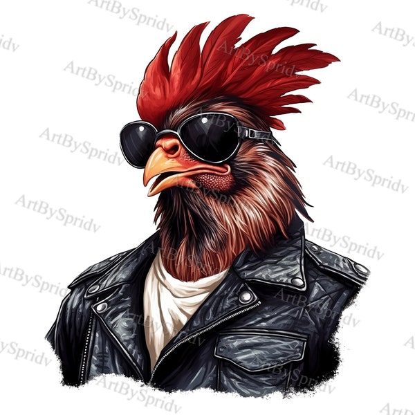 Cute Punk Rock Rooster With Sunglasses PNG Clipart, Transparent Kids/Adult Design, Printable T-Shirt, Mug Sublimation Clip Art, Animal Lover