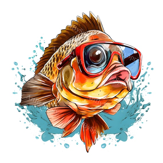 Watercolor Cool Bass Fish With Sunglasses Clip Art Printable T