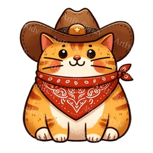 Cute Yellow Cat Clipart - Cowboy Hat & Bandana Cat PNG for DTG, T-Shirts, Mugs, Tumblers, Sublimation, Scrapbooking - Digital Download Art