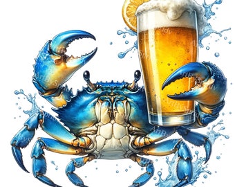 Blue Crab Holding Beer Glass Clipart - Transparent Printable Sublimation PNG, Printable Ocean Themed Digital Clip Art for Creative DIY Craft