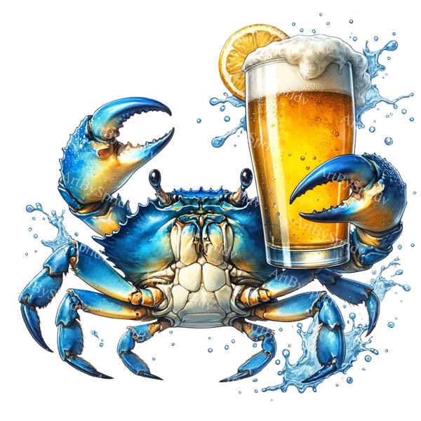 Blue Crab Holding Beer Glass Clipart - Transparent Printable Sublimation PNG, Printable Ocean Themed Digital Clip Art for Creative DIY Craft