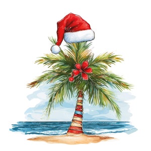 Kerst strand palmboom met kerstmuts transparante PNG clipart, kinderen/volwassenen cartoon design, afdrukbare sublimatie, commercieel, xmas illustraties