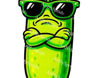 Cool Pickle PNG Clipart – Funny Cartoon Pickle with Sunglasses & Folded Arms – Transparent Background for Sublimation, Stickers, Kawaii DIYs