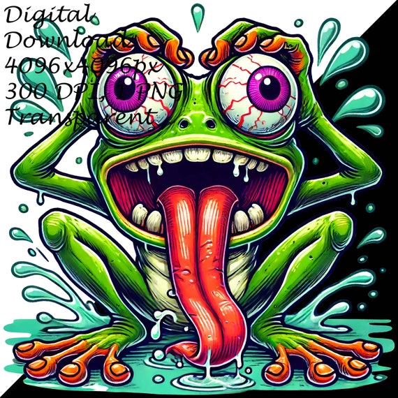 誇張された目と舌を持つクレイジーな漫画カエルのPNGクリップアート