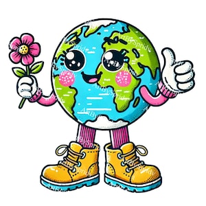 Cute Earth Cartoon PNG Clipart, Happy Planet with Flower, Earth Day Illustration, Eco-Friendly Clip Art, Digital Download for DIY Kids Decor