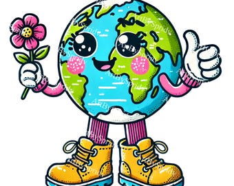 Niedliche Erde Cartoon PNG Clipart, glücklicher Planet mit Blume, Erde Tag Illustration, umweltfreundlicher Clip Art, digitaler Download für DIY Kinderdekor