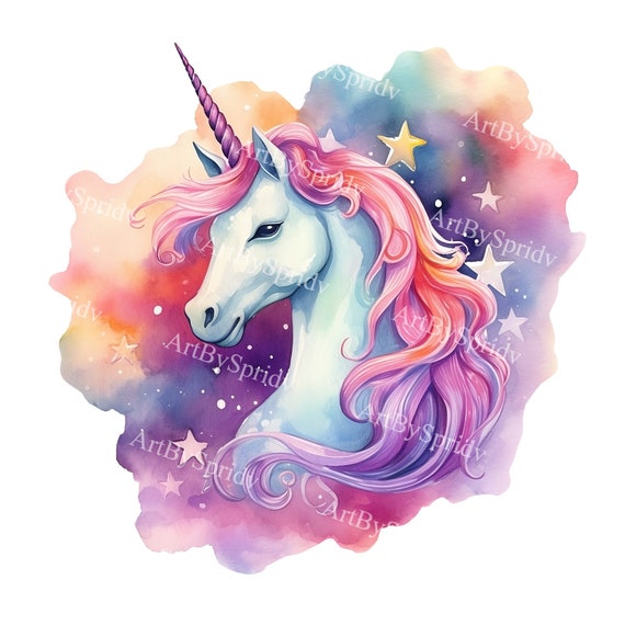 魔法のユニコーンの水彩画クリップアート | パステルレインボー