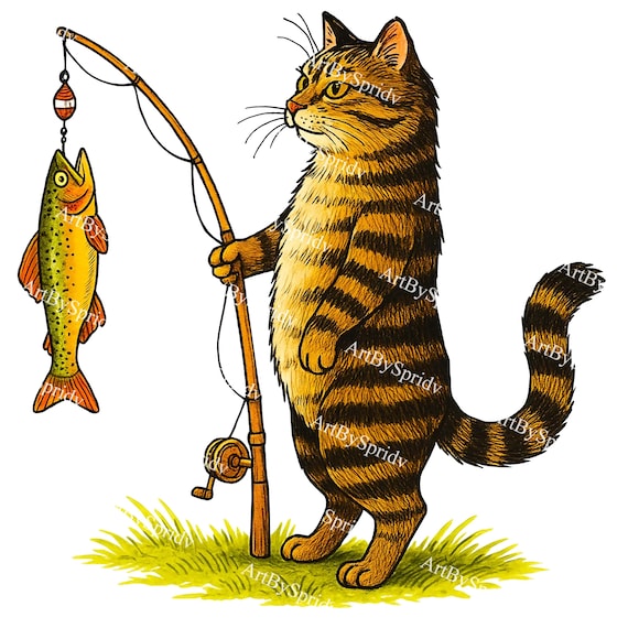 cat on fishing pole Funny Fishing Cat PNG Clipart, Cartoon Tabby Cat Holding Fishing Rod with  Catch,Transparent Digital Art for T-Shirt Sublimation & DIY Crafts