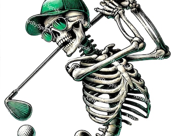 Cool Skeleton Golfer PNG | Vintage Golf Skull Clipart | Funny Golfing Skeleton Illustration | Retro Sports Digital Art | Golf Lover Gift