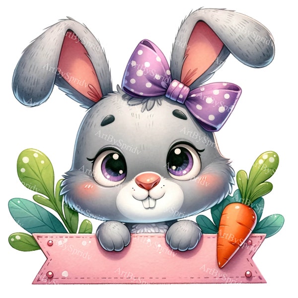 Easter Bunny Clipart PNG, Digital Download for DTG, T-Shirt, Mug, Tumbler Sublimation & Scrapbooking, Cute Bunny with Bow and Carrot Design