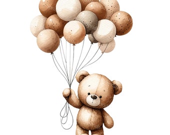 Watercolor Teddy Bear Clipart with Balloons - Digital PNG for Baby Shower, DTG T-Shirt, Mug, Tumbler Sublimation & Scrapbooking Artwork