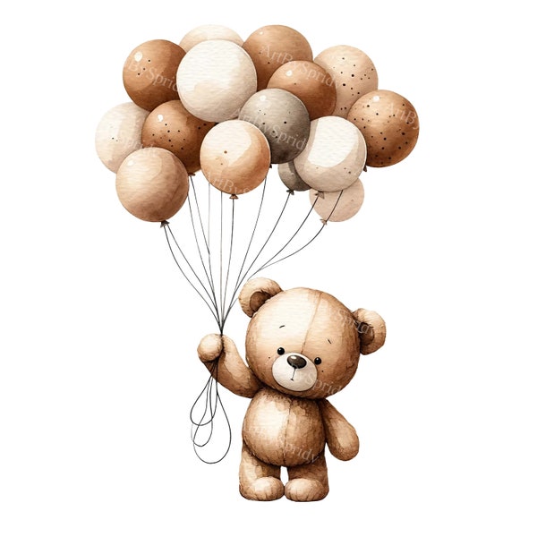 Clipart aquarelle ours en peluche avec des ballons - PNG numérique pour baby shower, T-shirt DTG, mug, verre à sublimation et oeuvre de scrapbooking