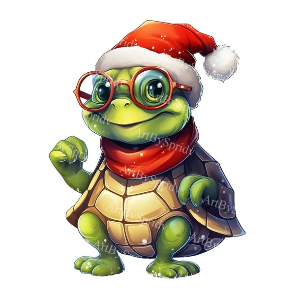 Cute Christmas Turtle With Santa Hat Transparent PNG Clipart, Kids/Adults Cartoon Design, Printable Sublimation,Commercial, Animal Clip Art