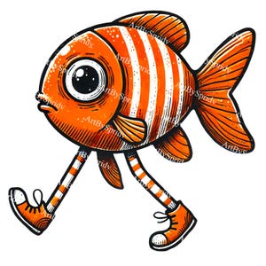 Walking Fish Cartoon Clipart, Funny Orange Striped Fish with Shoes Transparent PNG, Quirky Digital Clip Art for DIY Crafts, Stickers,T-Shirt