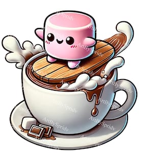 May include: A whimsical illustration of a white coffee cup filled with hot chocolate, topped with a wooden spoon and a pink marshmallow character. The cup sits on a saucer with chocolate squares and a sugar cube.