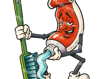 May include: Cartoon illustration of a red and white tube of toothpaste with a smiling face, holding a green toothbrush with blue bristles. The toothpaste is squeezing out blue toothpaste. The image has a vintage cartoon style.