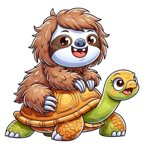 Lindo perezoso y tortuga clipart - PNG digital para sublimación de camisetas, tazas y vasos, diseño de scrapbooking - Clip art de animales de dibujos animados imprimible
