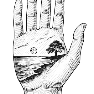 Hand with Landscape Tattoo Clipart PNG, Surreal Beach Scene Digital Download, Black and White Nature Art,Tee Sublimation,Tattoo Design Print