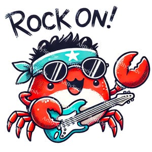 Rockstar Krabbe PNG Clipart, süße digitale Clip Art Krabbe Gitarre spielen mit Bandana&Sonnenbrille, Rockmusik Illustration für Aufkleber, DIY Handwerk