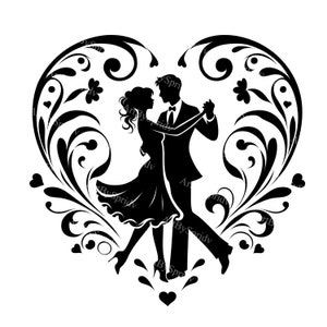 Romantyczna para taniec sylwetka PNG, kwiatowy serce walentynkowy clipart do DTG T-shirt, kubek, kubek sublimacja i scrapbooking - sztuka cyfrowa