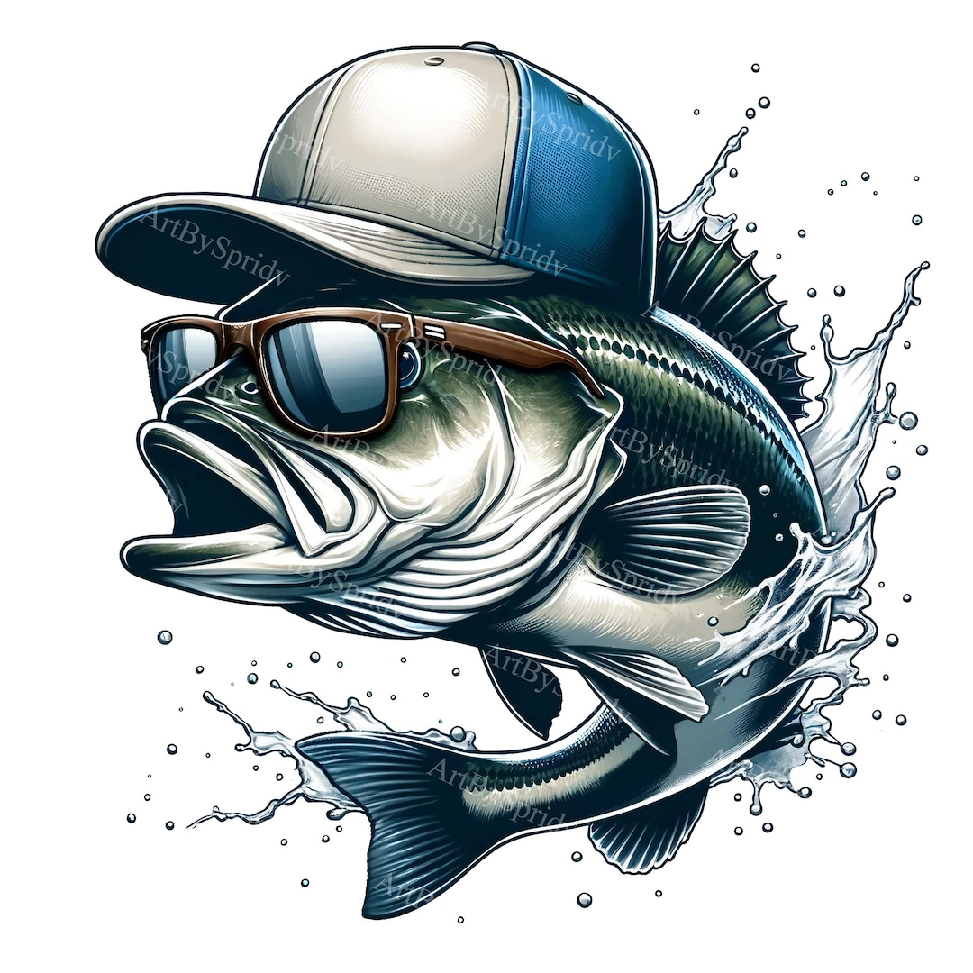 Realistic Bass Fish Clipart With Baseball Cap &amp; Sunglasses - Digital PNG for DTG, Mugs, Tumblers ...