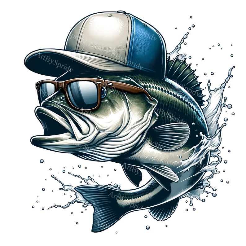 May include: A cartoon illustration of a largemouth bass wearing sunglasses and a baseball cap. The bass is jumping out of the water, creating a splash.